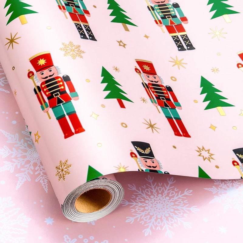Retrify Nutcracker Christmas Wrapping Paper Roll, 17 Inches x 32.8 Feet Pink Gift Wrap for New Year Holiday, Christmas Tree/Snowflake/Star Design - Image 2